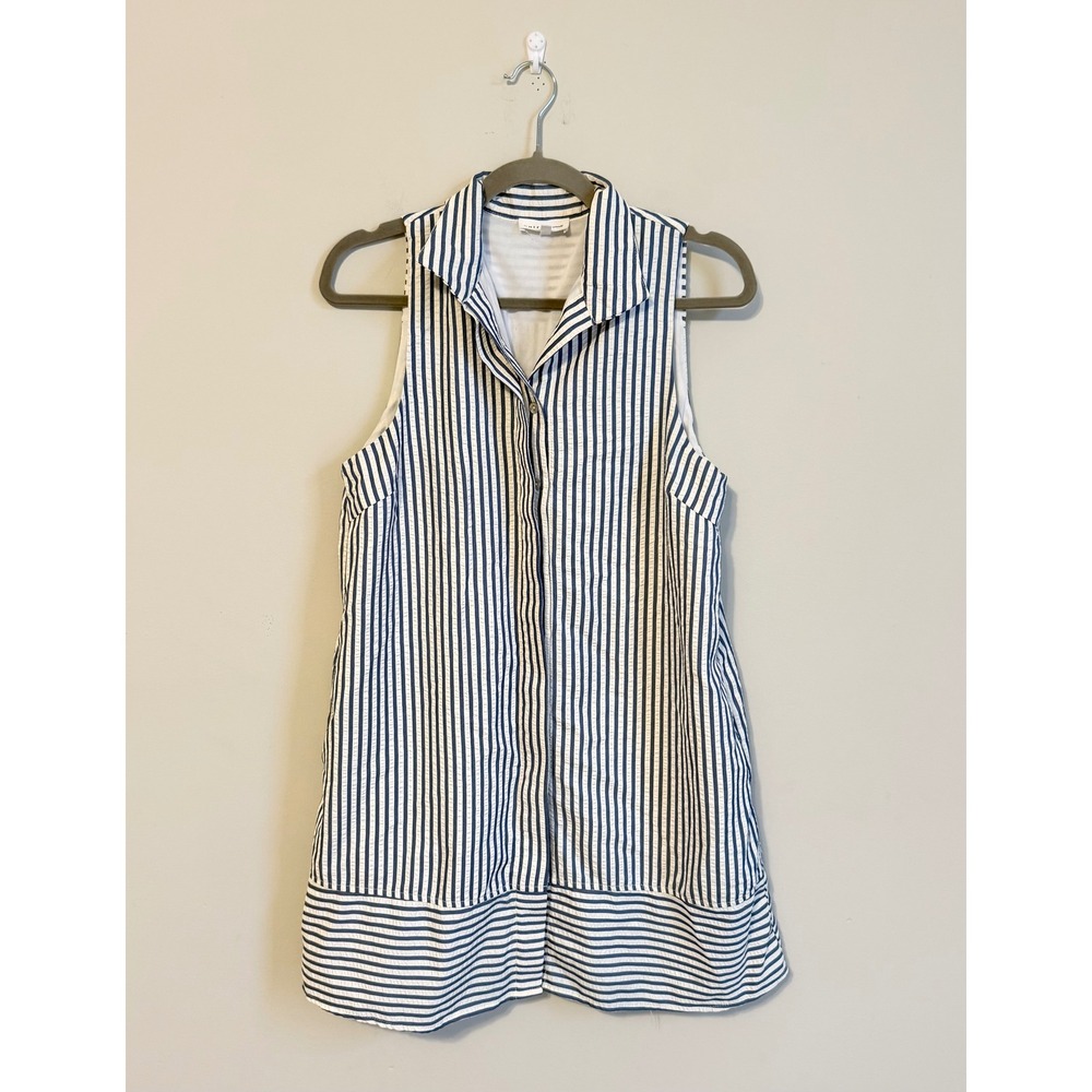 Entro Womens Striped Sleeveless Mini Dress Blue White Seersucker Shift Small